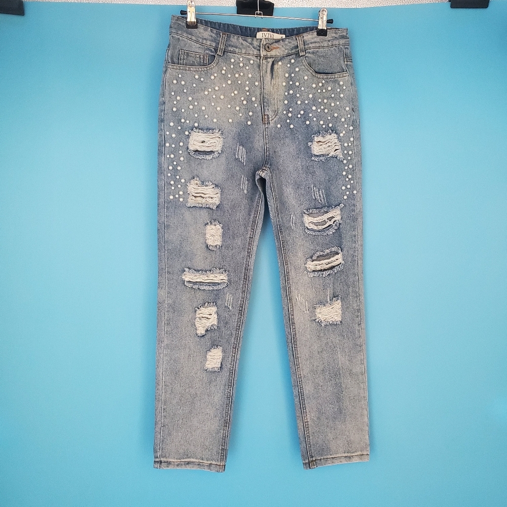 IVIVI Cropped Jeans Women's Size Medium Distressed Beads